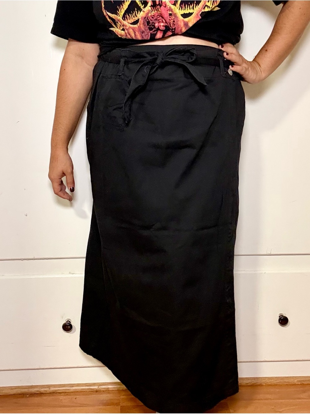 Vintage 90s Fore Warned Black Cotton Denim Tie Waist Wrap Style Skirt